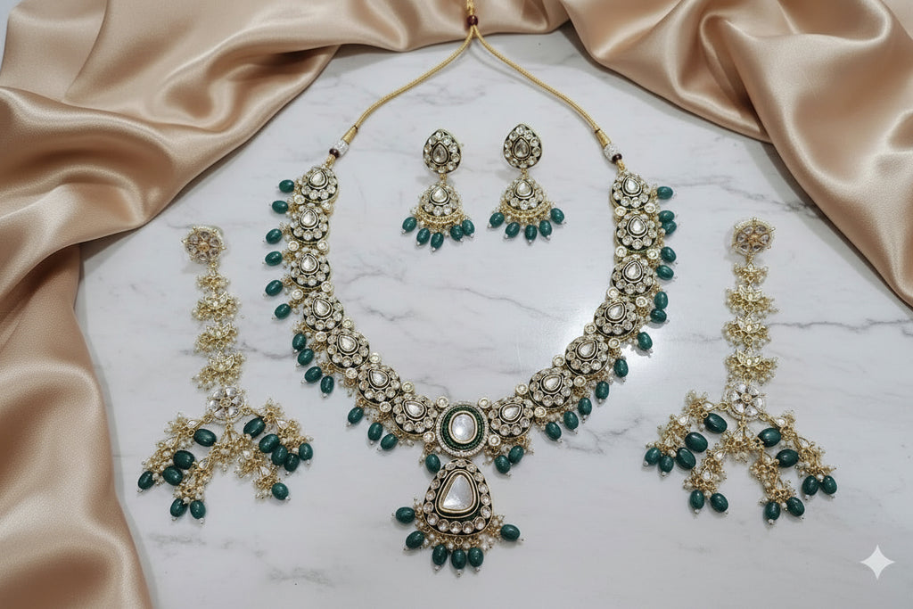 Luxury Kundan and Emerald Bridal Jewelry Set - Choker, Necklace, Earrings, Tikka, Hathphool