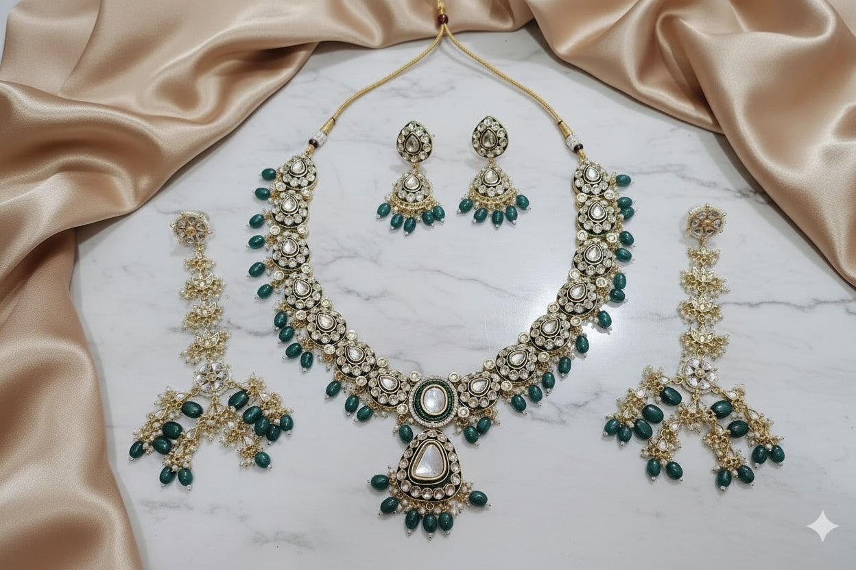 Luxury Kundan and Emerald Bridal Jewelry Set - Choker, Necklace, Earrings, Tikka, Hathphool