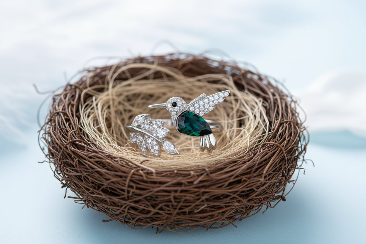Glistening Emerald Hummingbird Wrap Ring