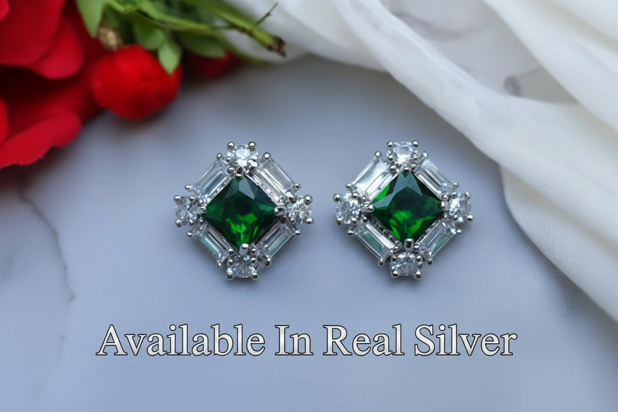 Emerald Green Square Stud Earrings