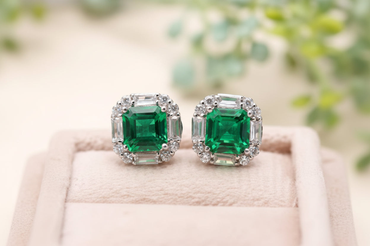 Emerald Green Square Stud Earrings