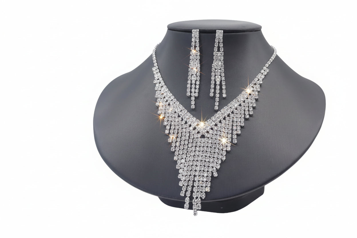 Starlight Cascade Rhinestone Bridal Set | V-Neck Statement Necklace & Dangle Earrings