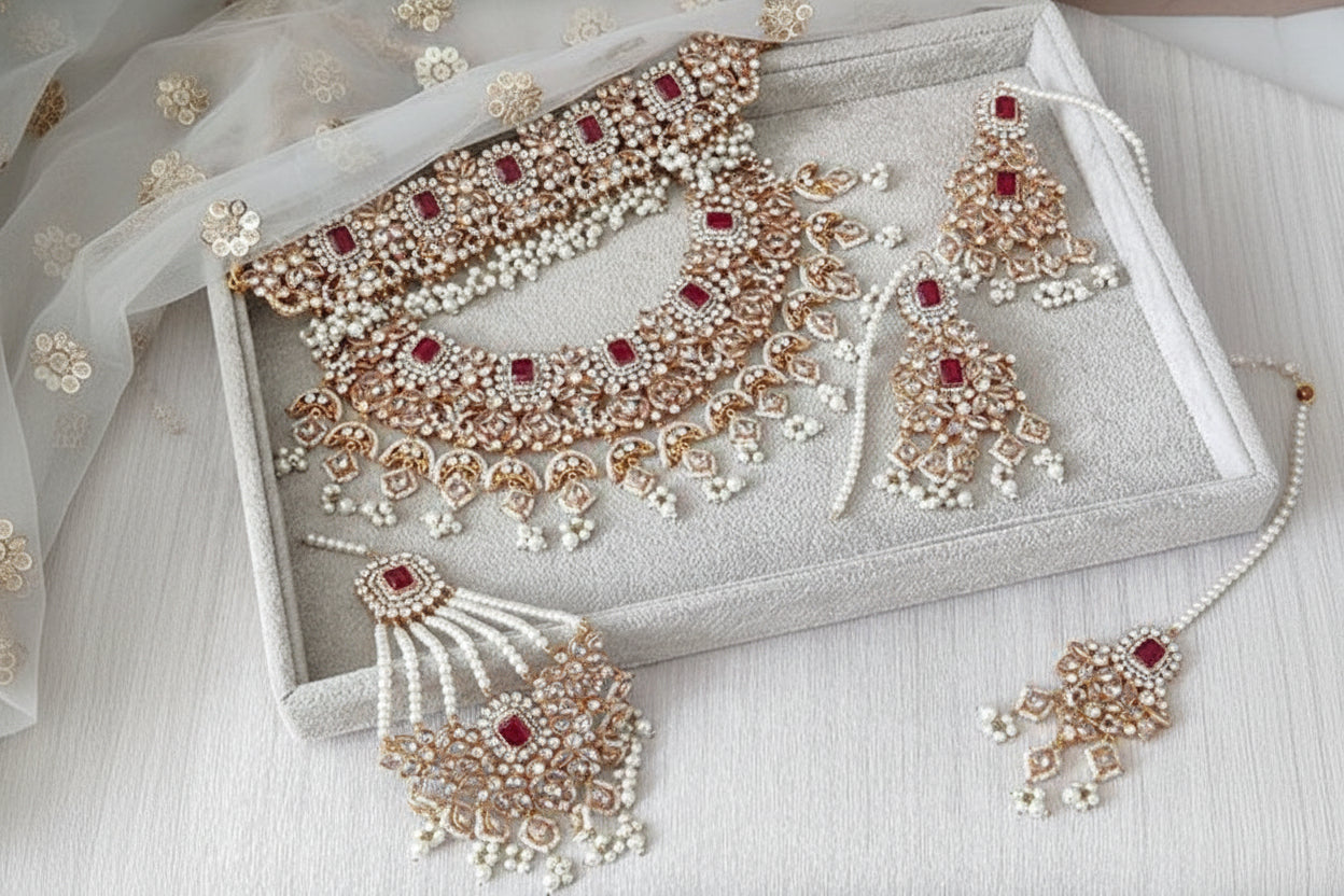 Regal Ruby & Pearl Kundan Bridal Set – Heavy Choker, Jhumar, Earrings & Maang Tikka Ensemble