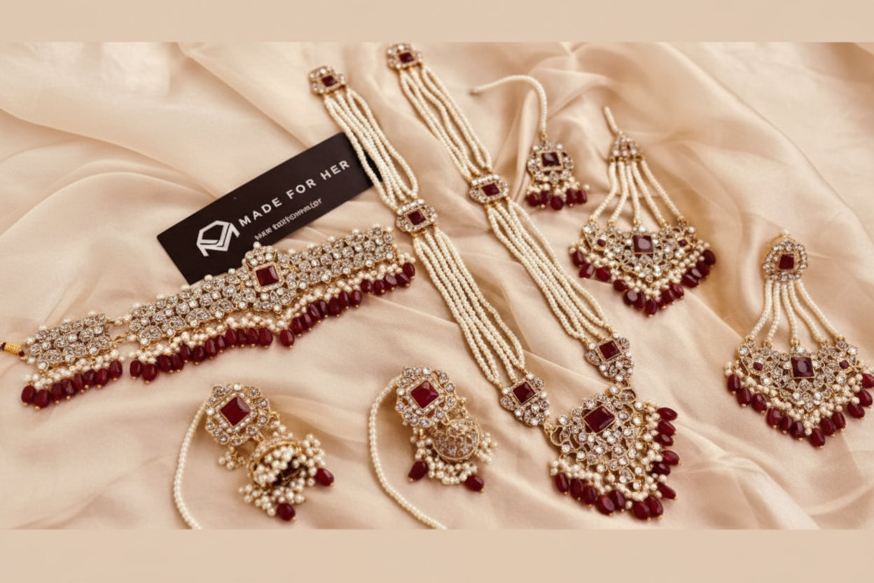 Regal Ruby & Pearl Kundan Bridal Set – Heavy Choker, Jhumar, Earrings & Maang Tikka Ensemble