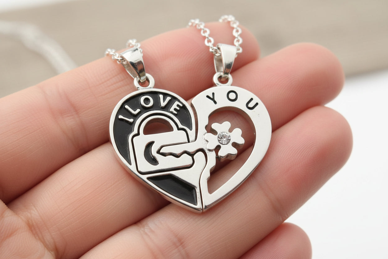 Lock & Key Split Heart Couple’s Necklace Set
