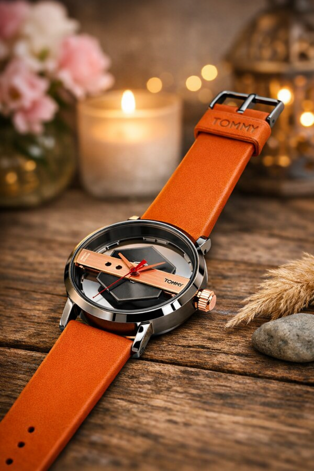 Timeless Elegance – Orange Leather Strap Skeleton Watch