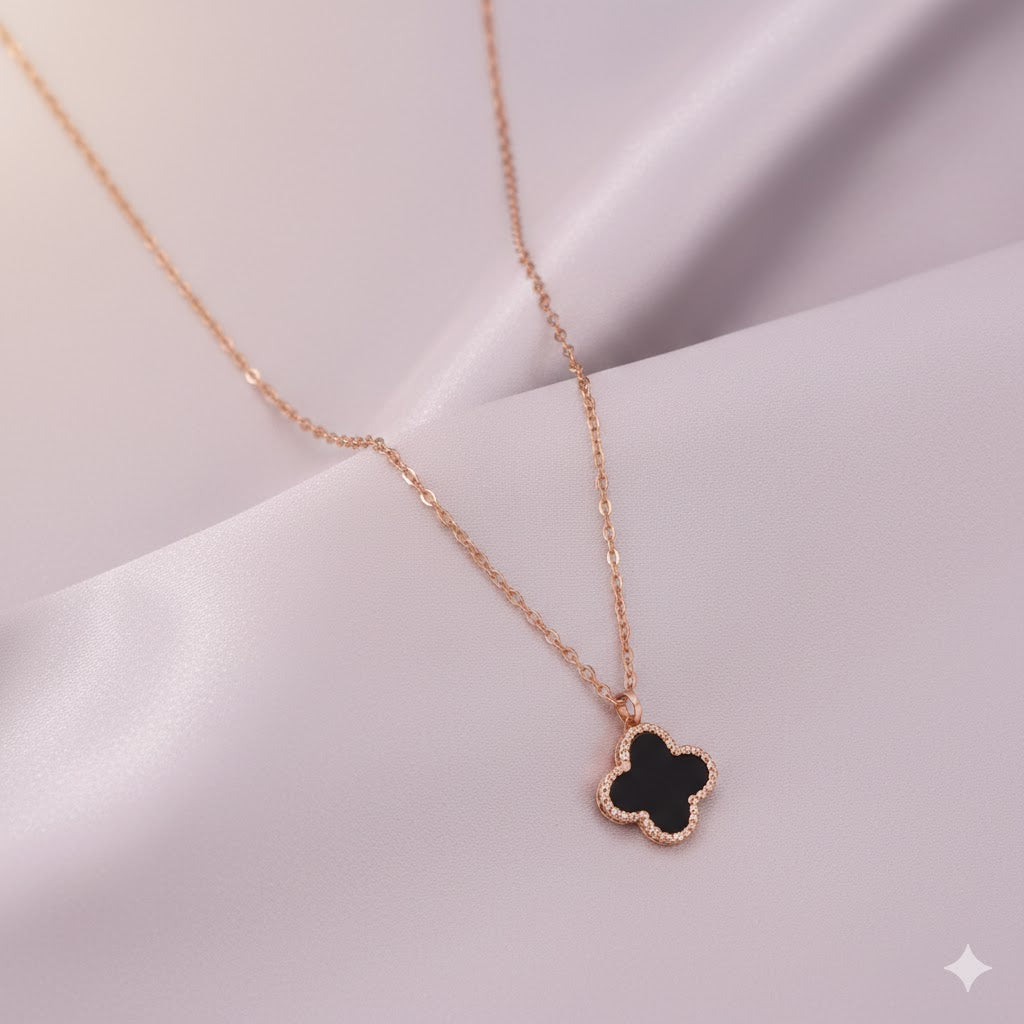 Minimalist Four-Leaf Clover Black Enamel Necklace in Rose Gold Finish