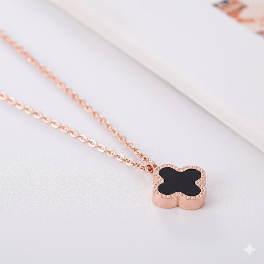 Minimalist Four-Leaf Clover Black Enamel Necklace in Rose Gold Finish
