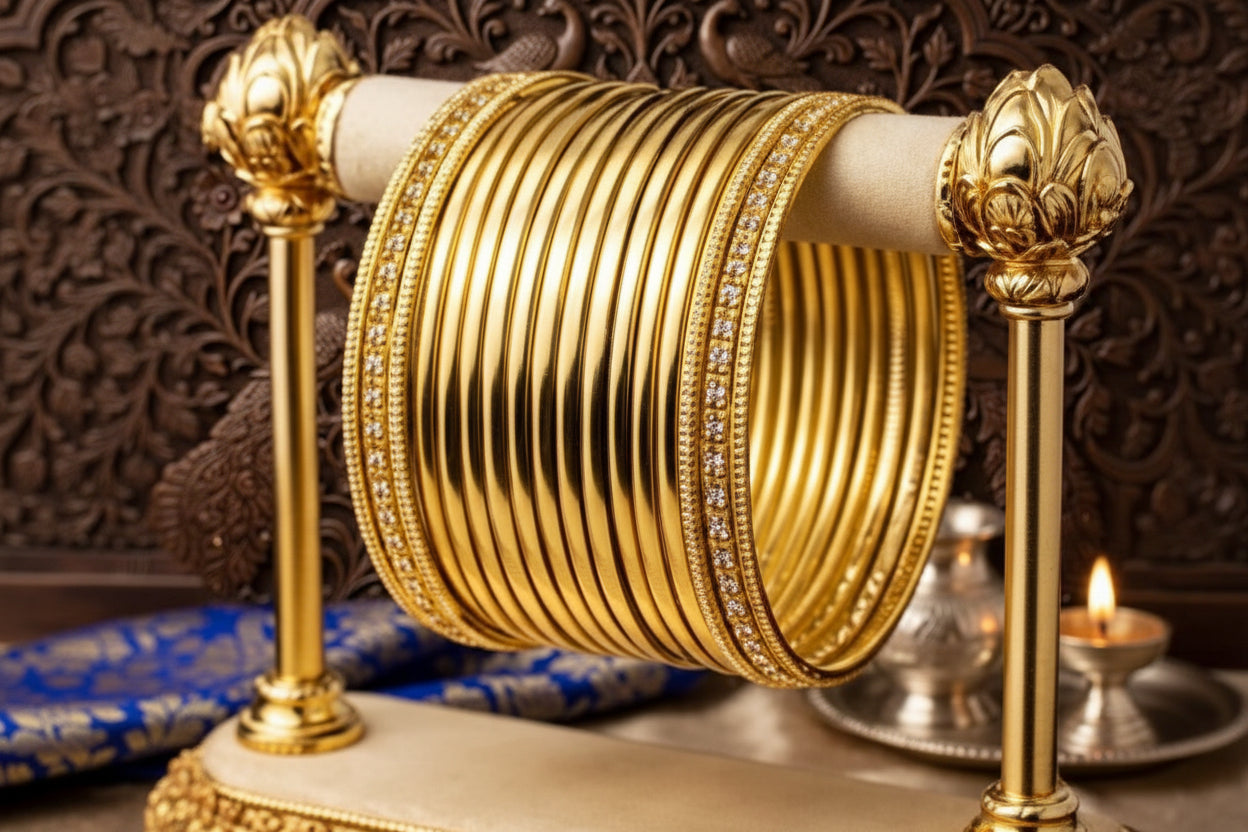 Antique Gold-Plated Churi Set with Stone-Studded Borders