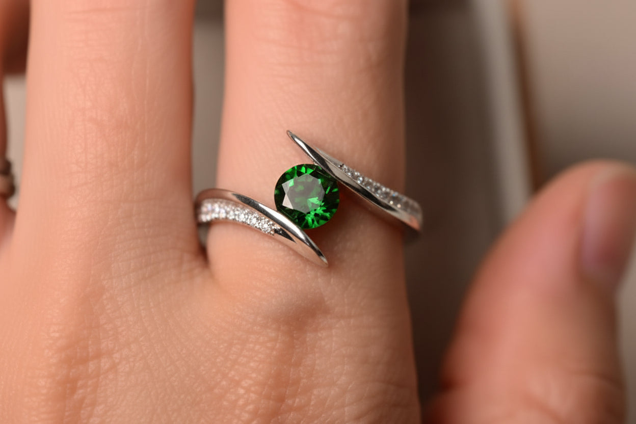 Elegant Emerald Green Zirconia Swirl Ring – Sterling Silver Finish Bypass Statement Ring