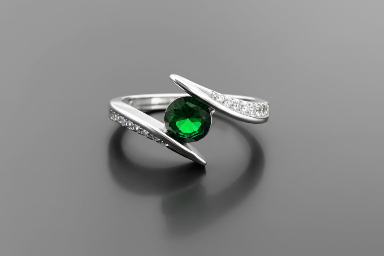Elegant Emerald Green Zirconia Swirl Ring – Sterling Silver Finish Bypass Statement Ring