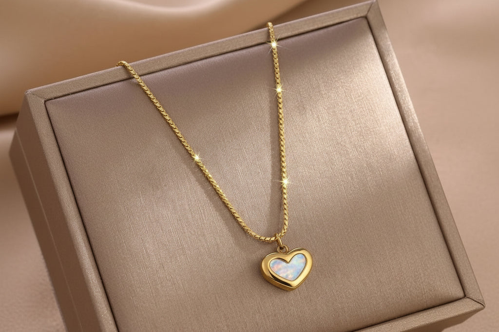 Eternal Glow Opal Inlay Heart Necklace with Wheat Chain