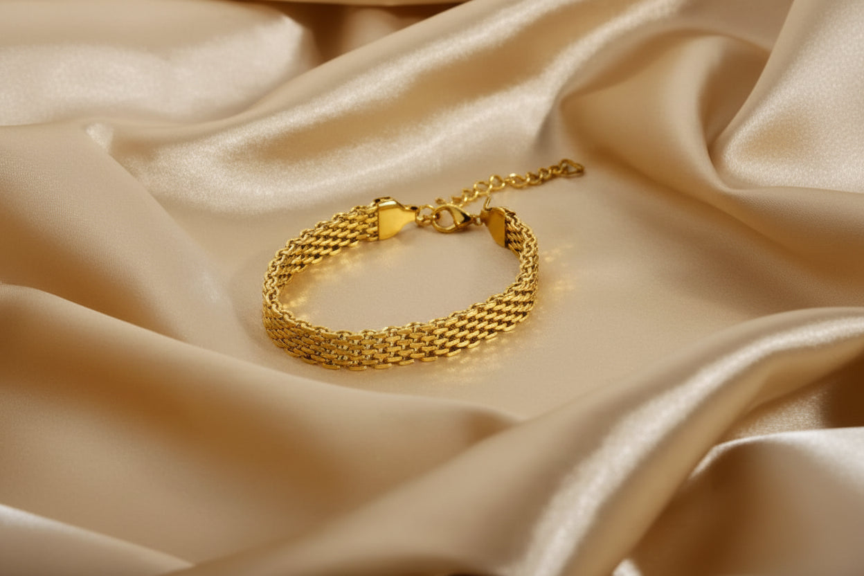 18K Gold Plated Italian Mesh Link Bracelet – Elegant Wide Chain Statement Jewelry