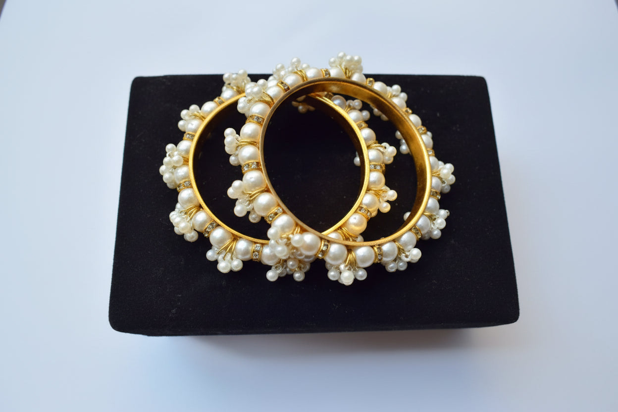 Regal Gold-Plated Pearl Gokhru Bangles – Traditional Kundan-Style Moti Kara's