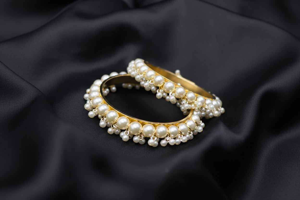 Regal Gold-Plated Pearl Gokhru Bangles – Traditional Kundan-Style Moti Kara's