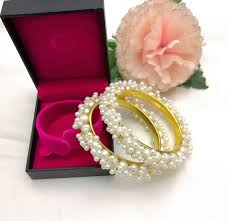Regal Gold-Plated Pearl Gokhru Bangles – Traditional Kundan-Style Moti Kara's