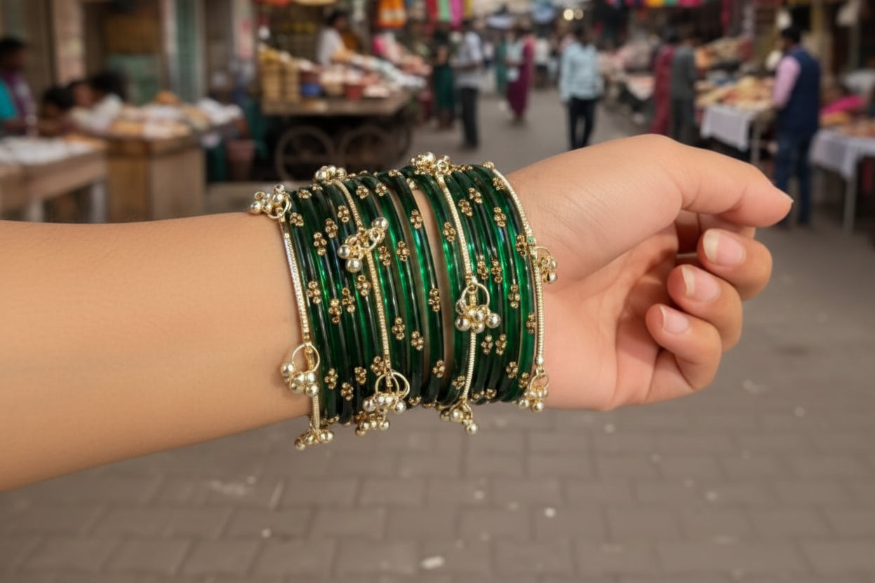 Emerald Green Kashmiri Ghungroo Bangle Set