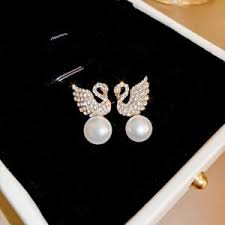 Graceful Swan Zircon Studs with Lustrous Drop Pearls | Elegant Korean Style Earrings