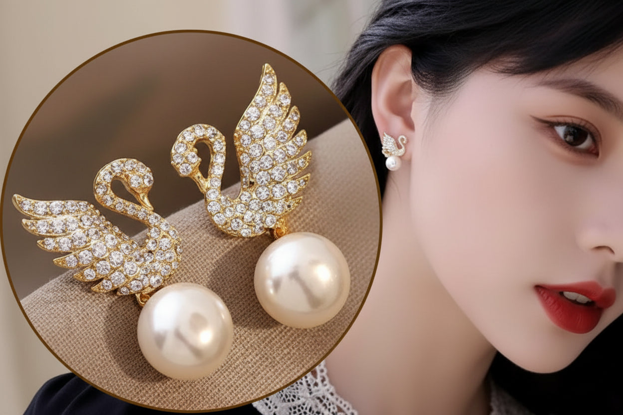 Graceful Swan Zircon Studs with Lustrous Drop Pearls | Elegant Korean Style Earrings