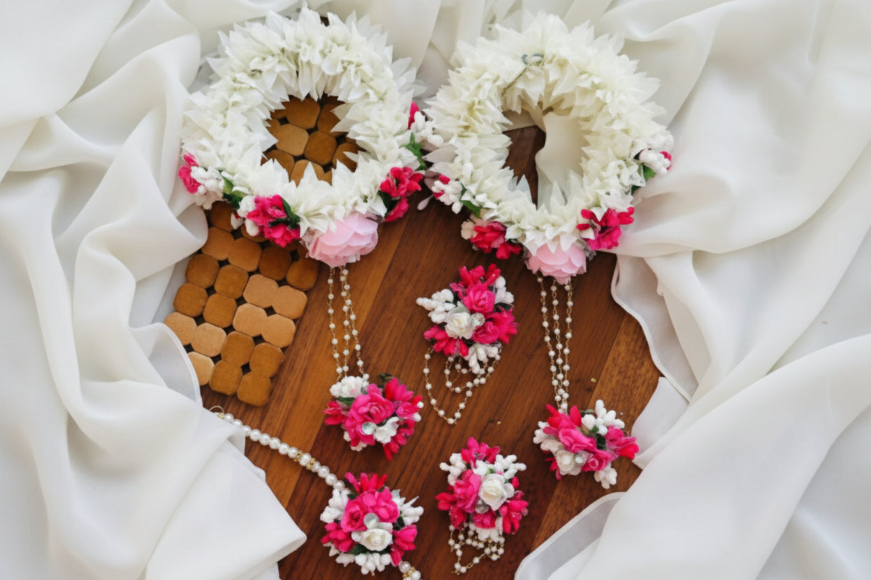 Rose & Jasmine White Bridal Gajray Set with Pearl Tassels