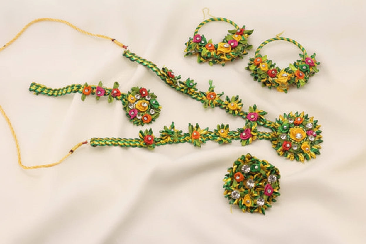 Premium Handcrafted Saffron, Fuchsia & Emeral Green Floral Bridal Suite