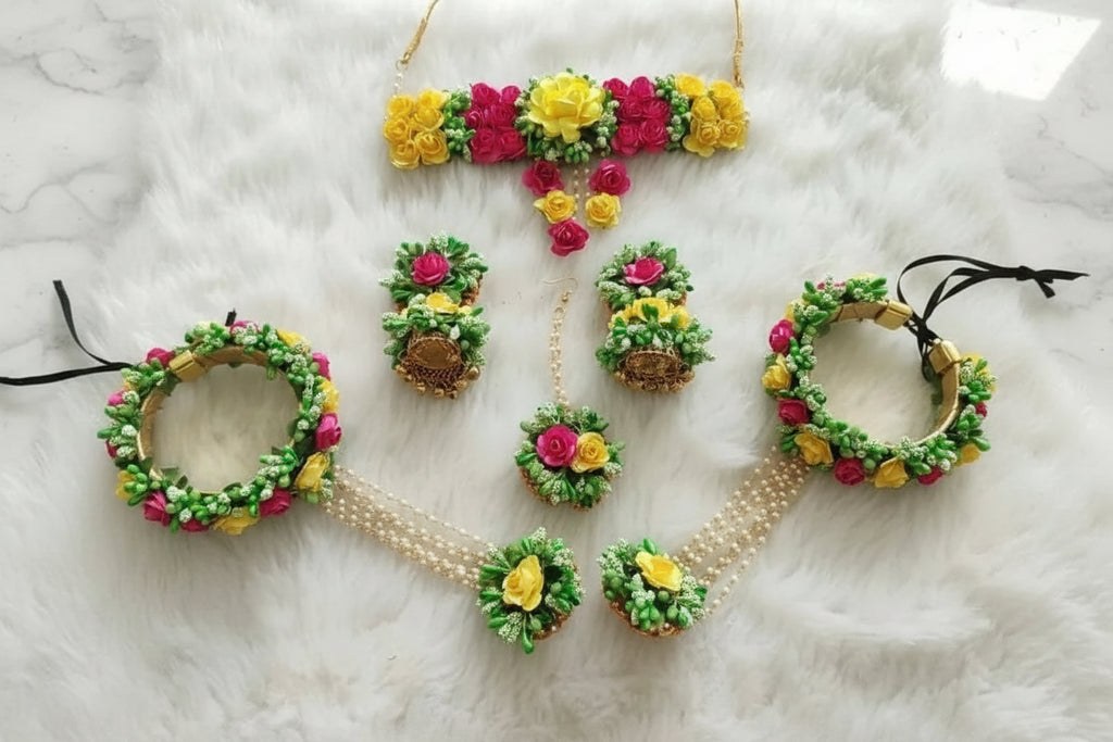 Premium Handcrafted Saffron, Fuchsia & Emeral Green Floral Bridal Suite