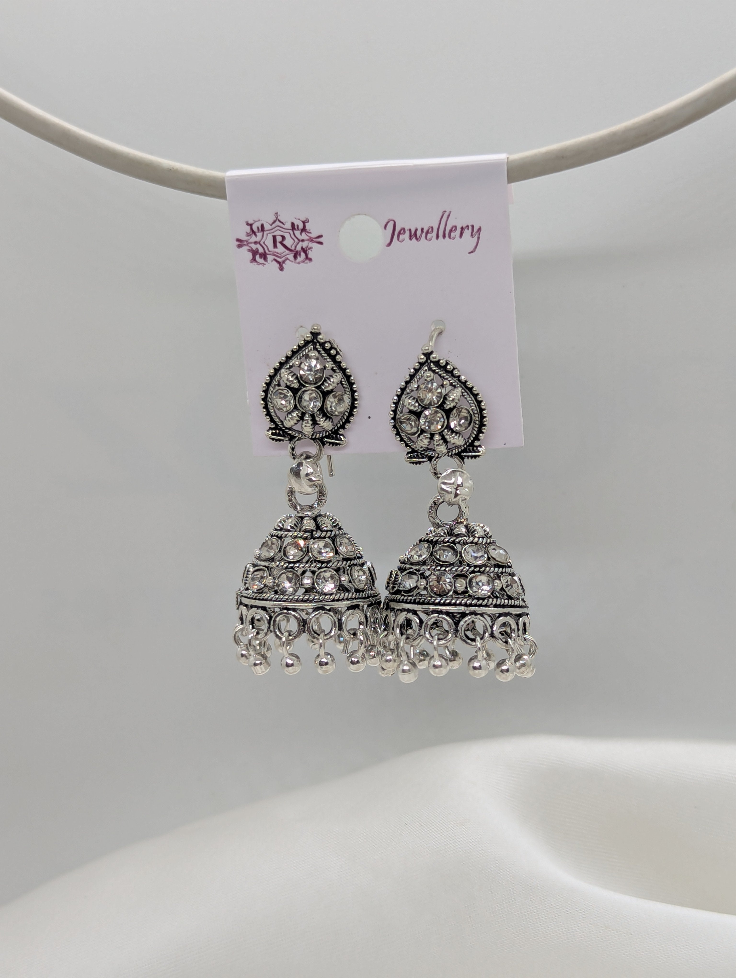 Exquisite Oxidized Silver Jhumka Earrings with Shimmering White Crystals