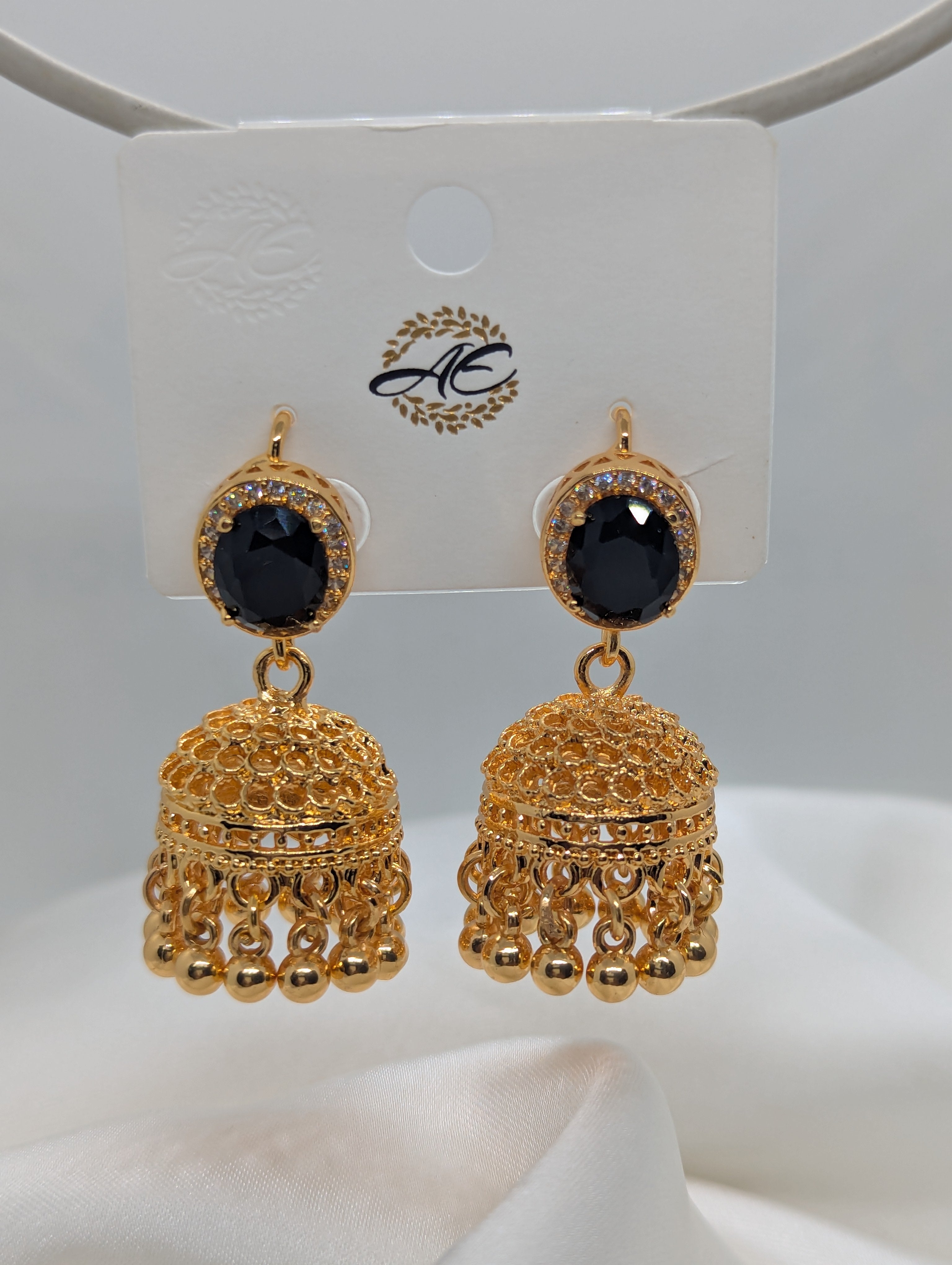 Luxury Gold-Plated Black Stone Jhumka Earrings – Elegant & Traditional Design