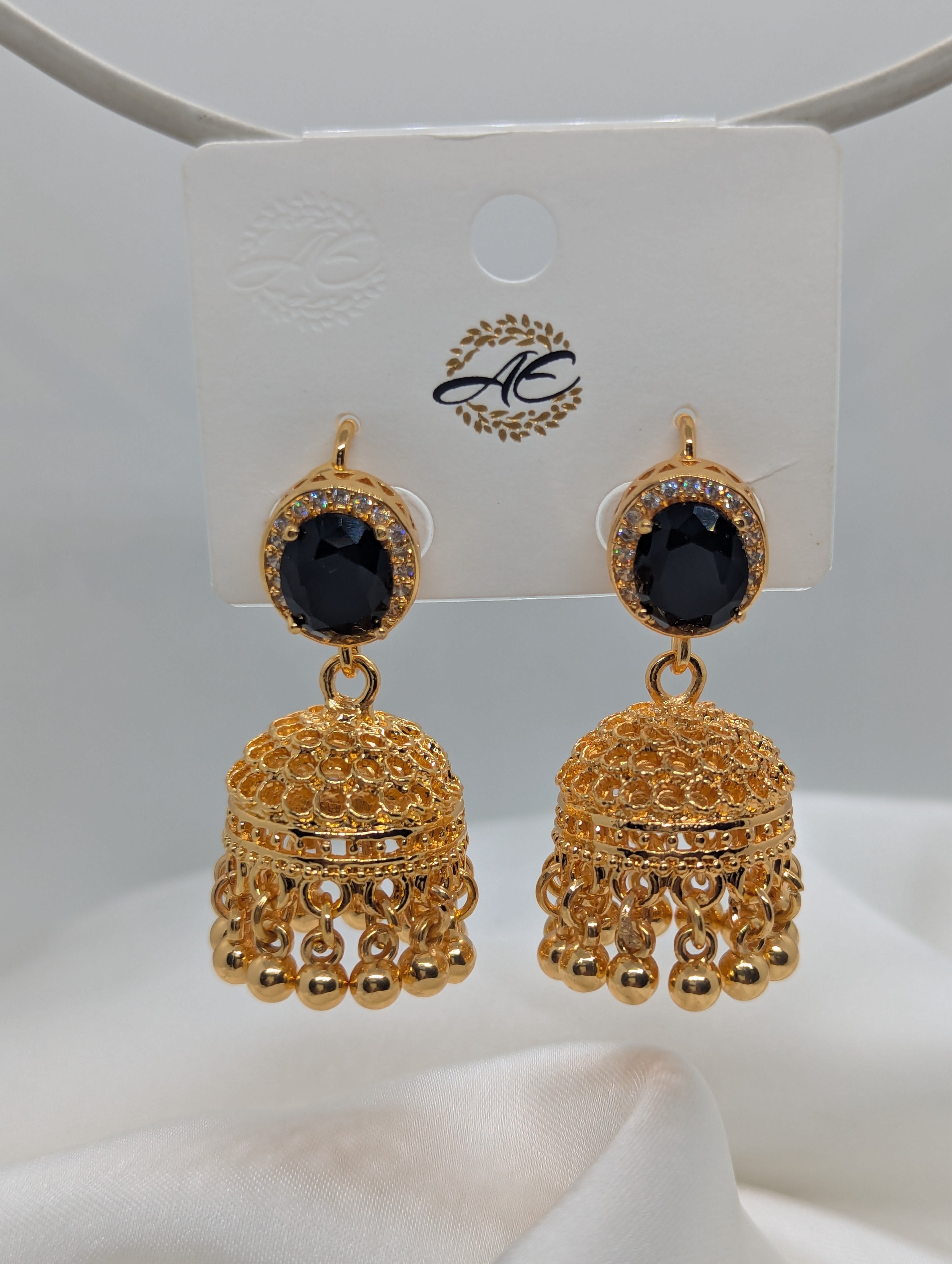Luxury Gold-Plated Black Stone Jhumka Earrings – Elegant & Traditional Design
