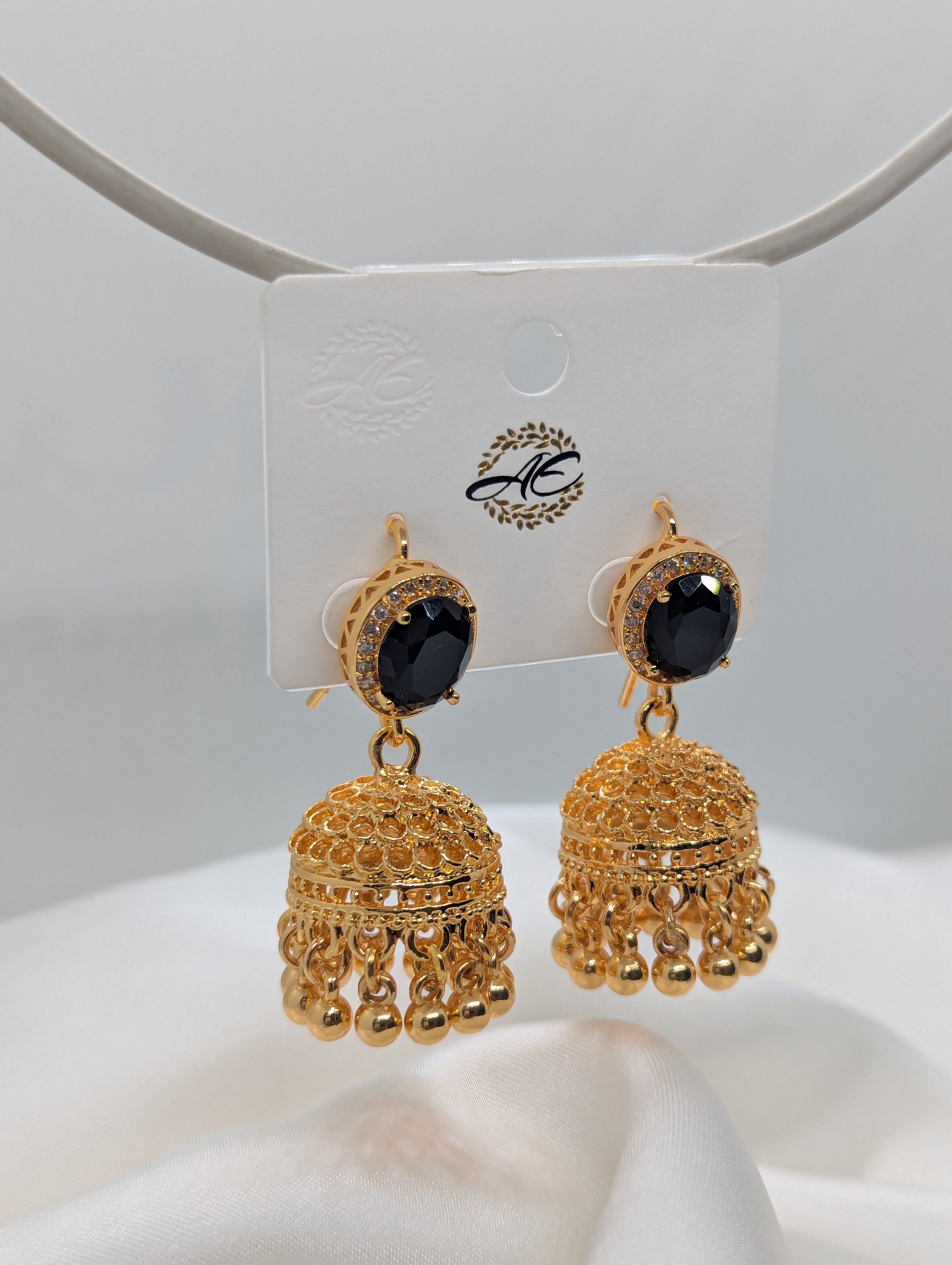 Luxury Gold-Plated Black Stone Jhumka Earrings – Elegant & Traditional Design