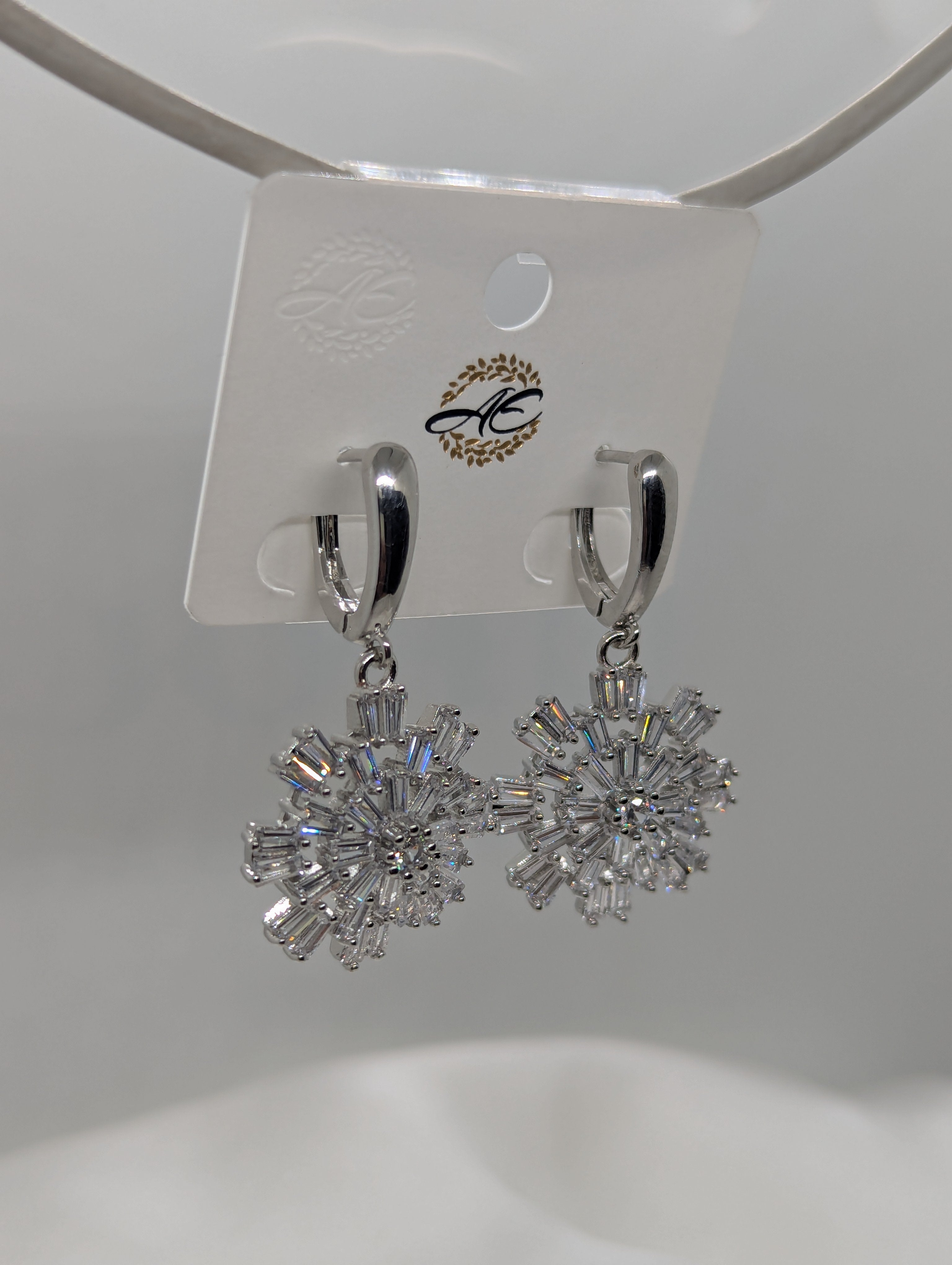 Elegant Silver-Plated Snowflake Dangle Earrings with Baguette-Cut Crystals