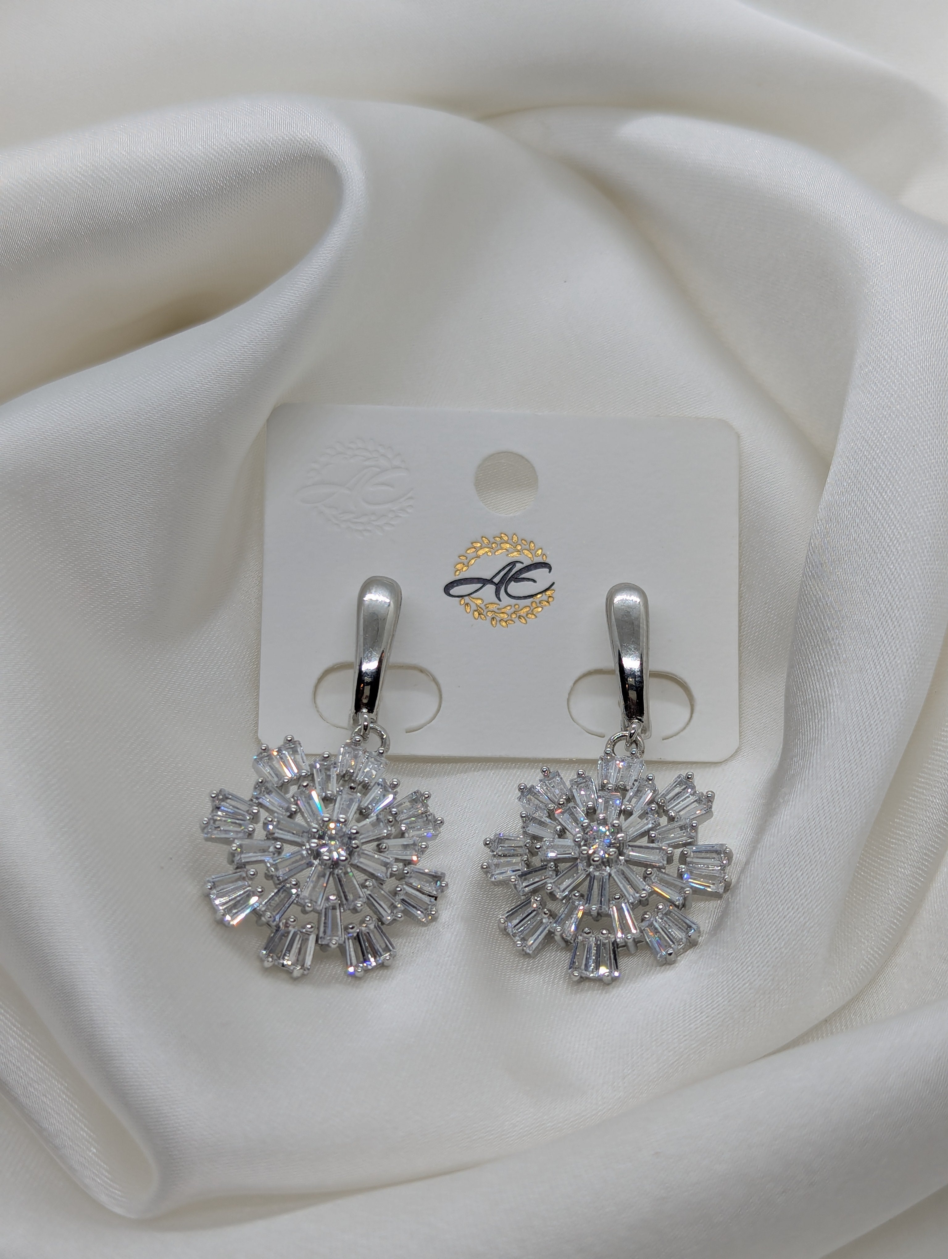 Elegant Silver-Plated Snowflake Dangle Earrings with Baguette-Cut Crystals
