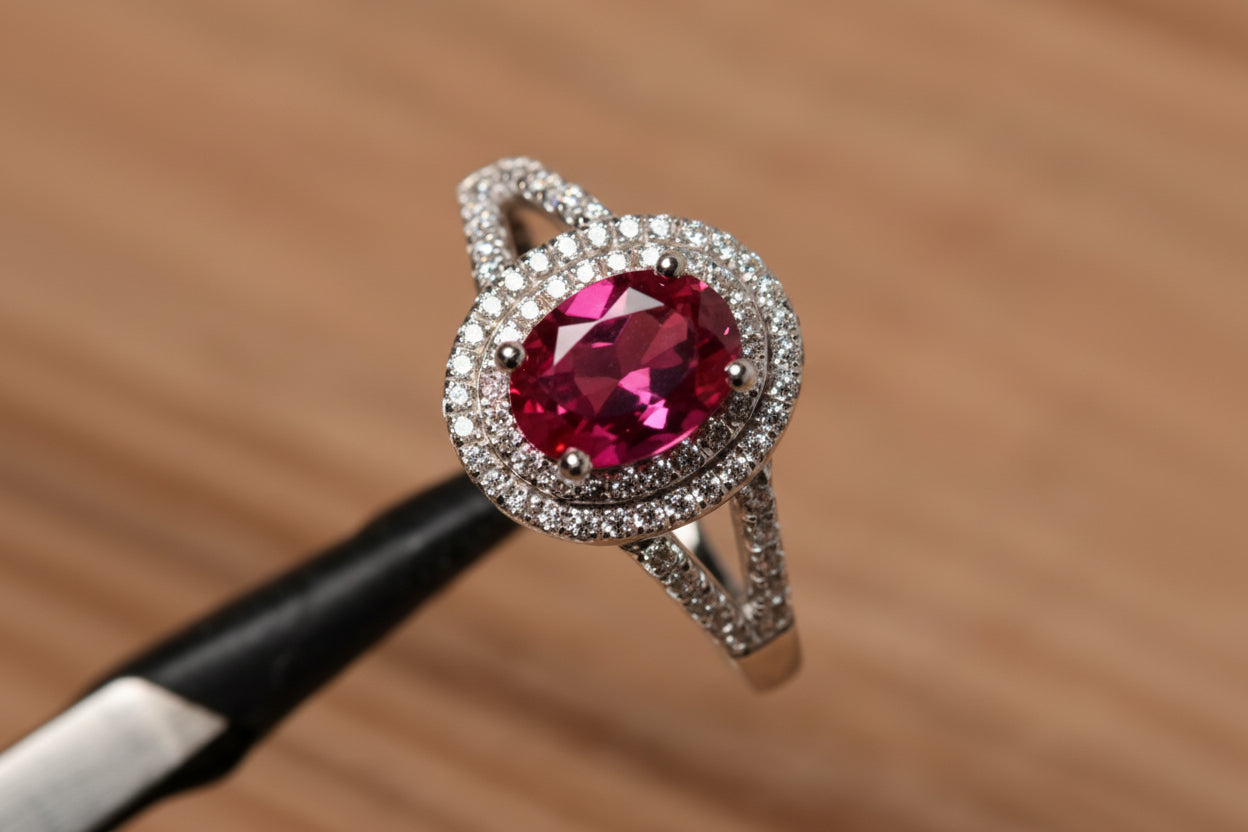 Oval Pink Zircon Double Halo Statement Ring
