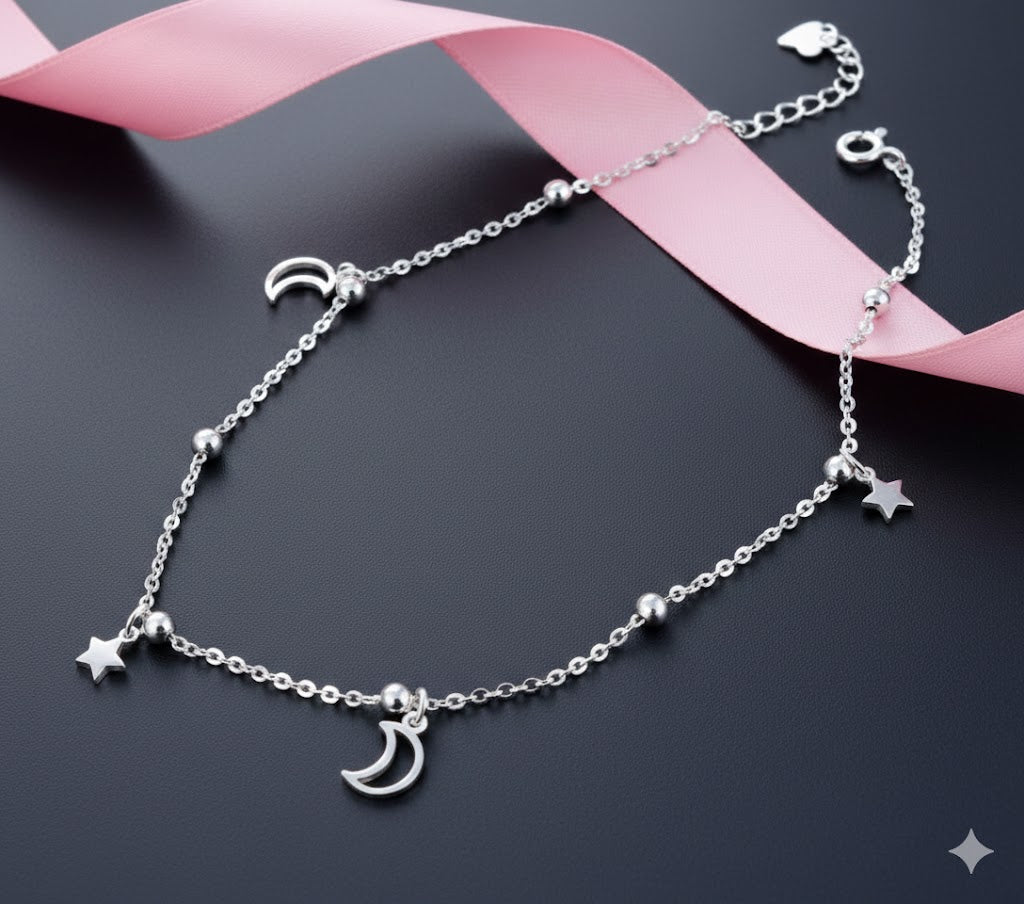Celestial Moon & Star Silver Charm Anklet with Sparkling Zirconia