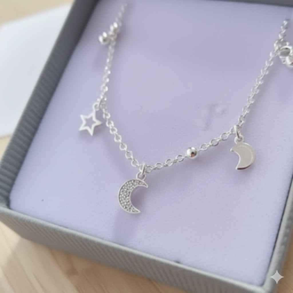 Celestial Moon & Star Silver Charm Anklet with Sparkling Zirconia