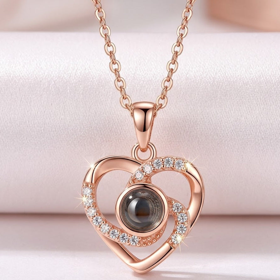 Rose Gold Eternal Bond" Crystal Encrusted Projection Heart Neaklace