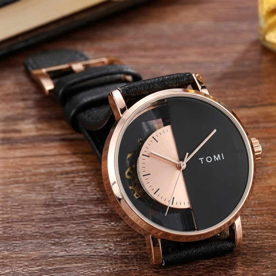 Luxury Rose Gold & Matte Black Dual-Tone Aesthetic Quartz Watch