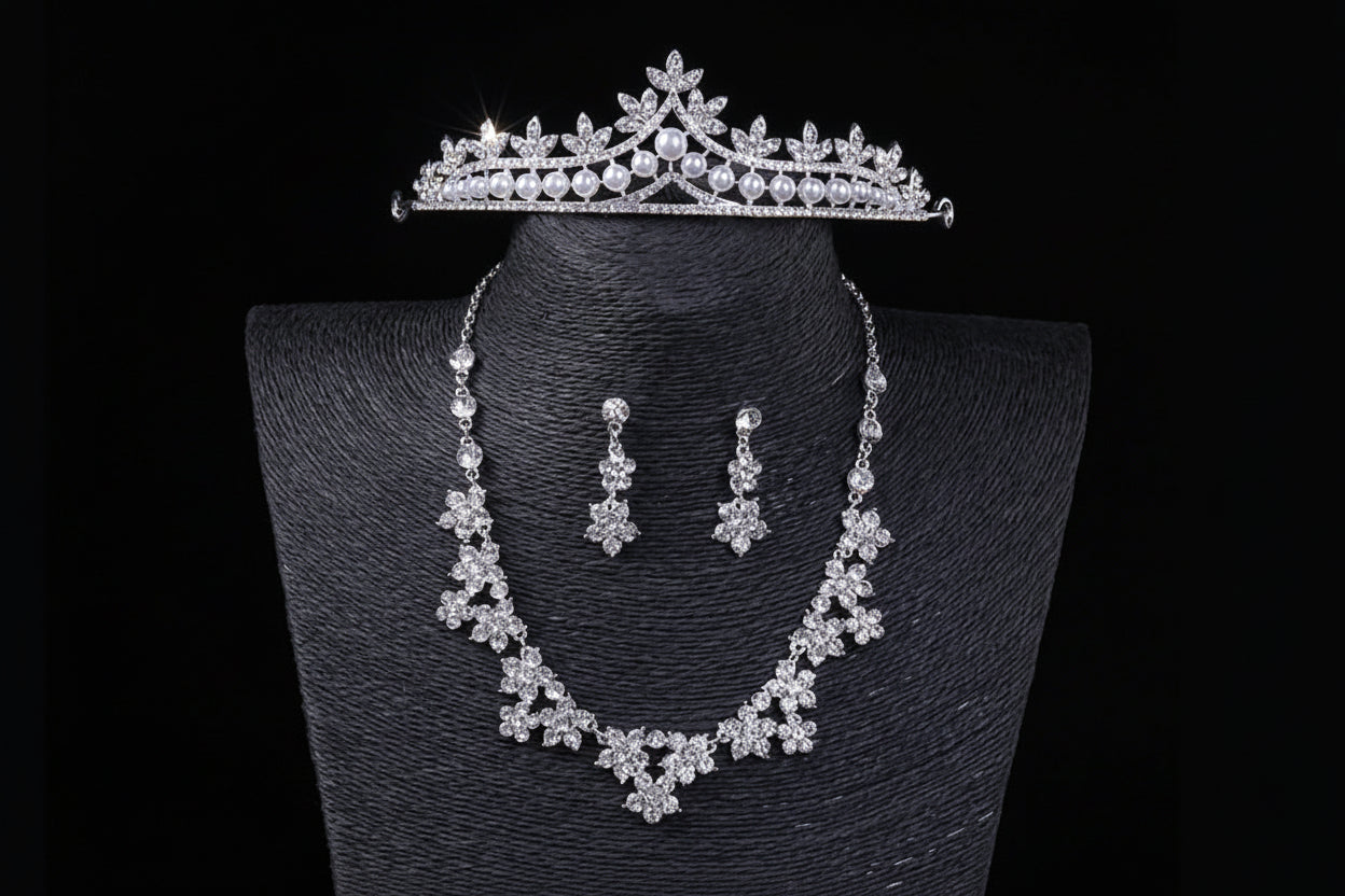Majestic Pearl & Crystal Bridal Tiara Set | 3-Piece Royal Jewelry Collection