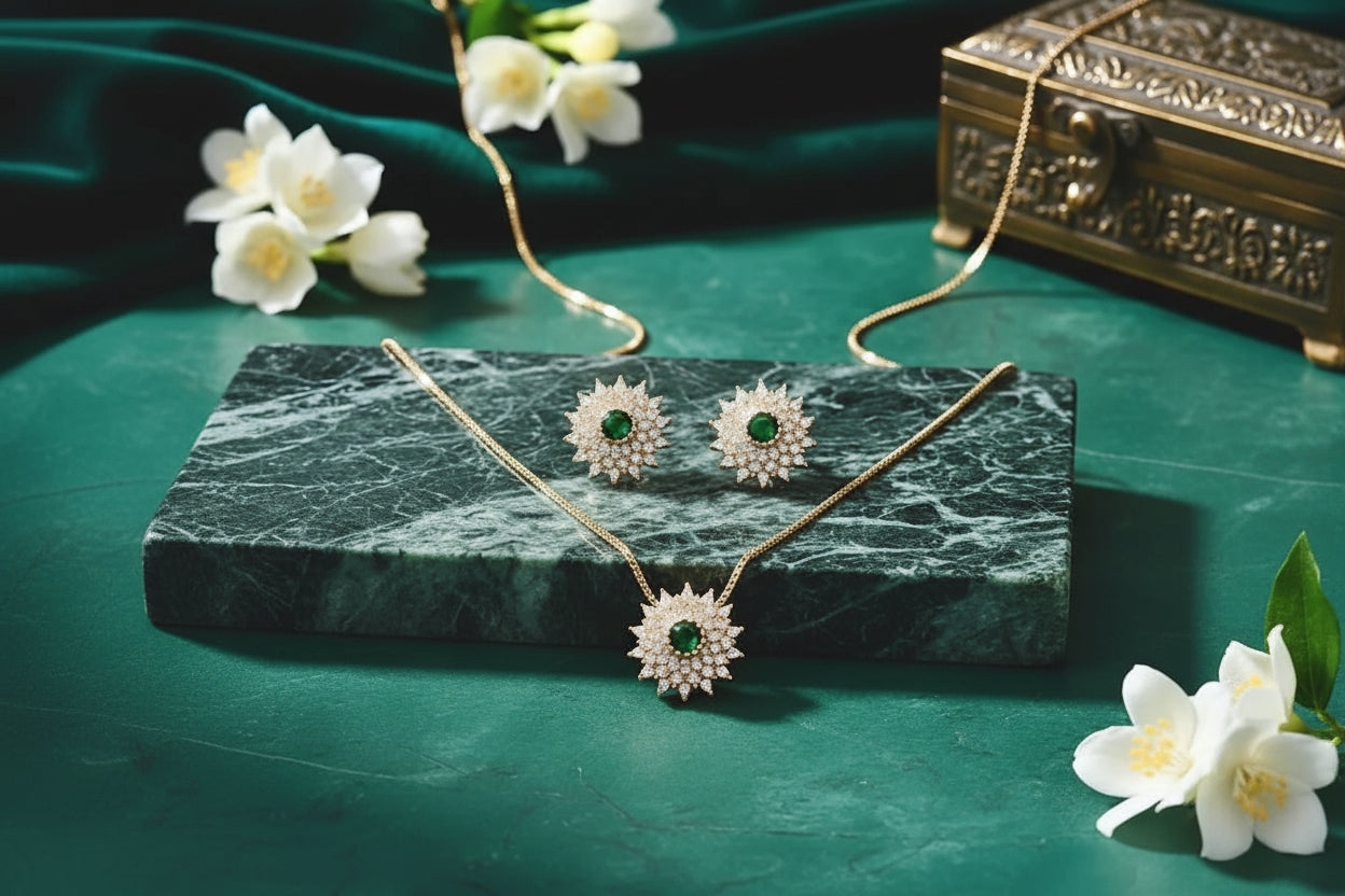 Emerald Radiance Zircon Pendant & Earring Set