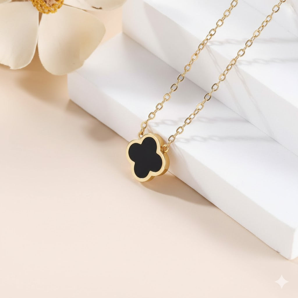 Minimalist Four-Leaf Clover Black Enamel Necklace in Rose Gold Finish