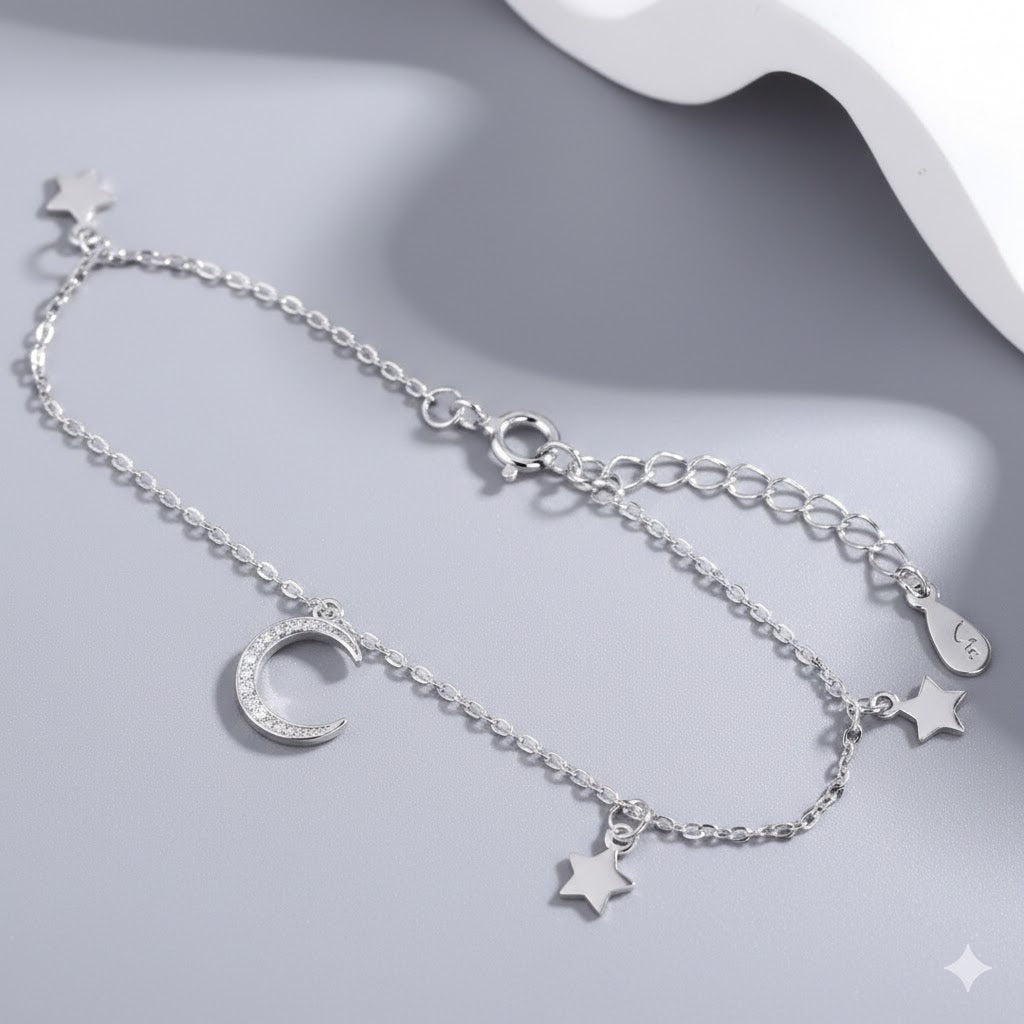 Celestial Moon & Star Silver Charm Anklet with Sparkling Zirconia